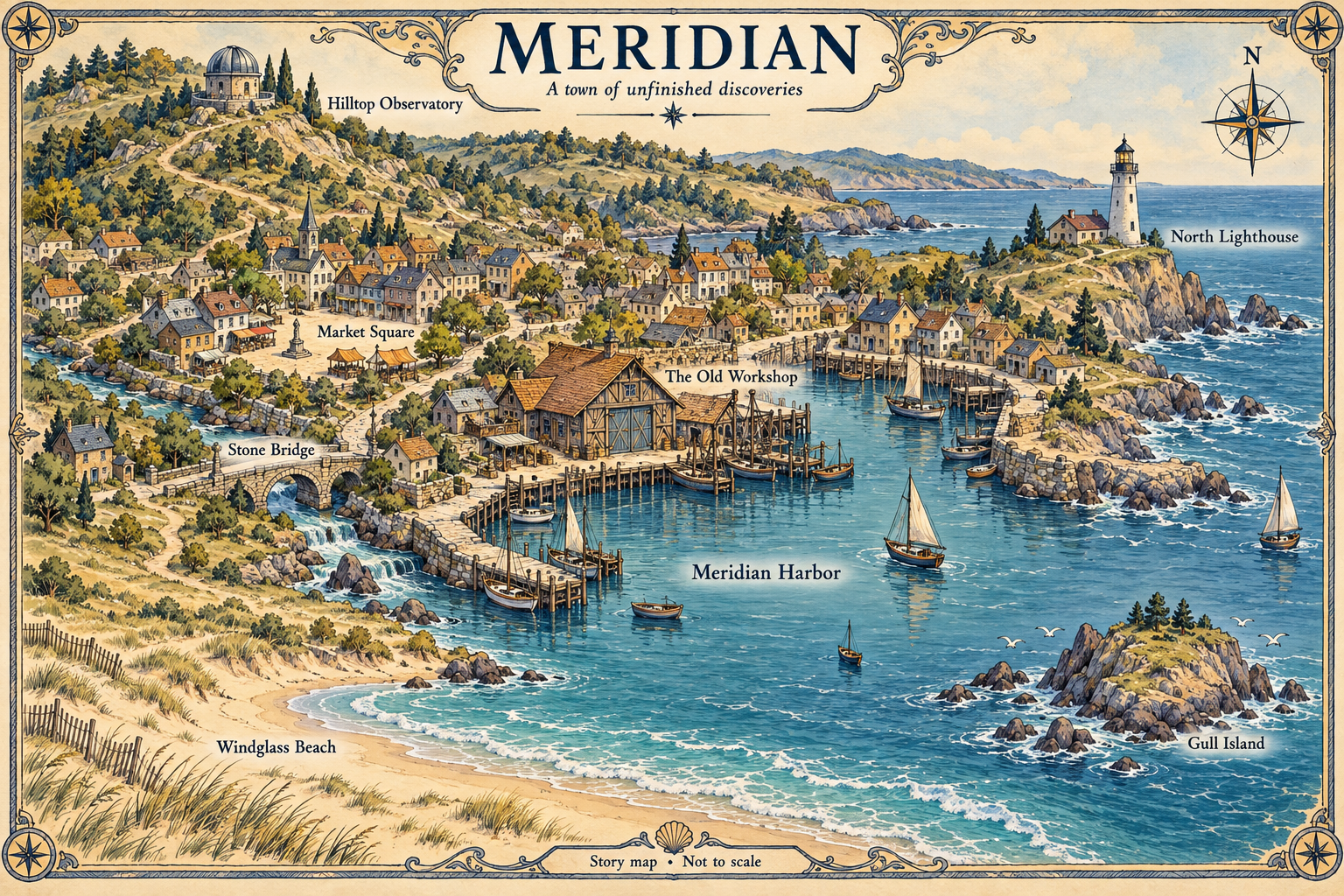 Illustrated map of Meridian: a harbor town with an old workshop, market square, stone bridge, hilltop observatory, lighthouse, beach, and offshore Gull Island.